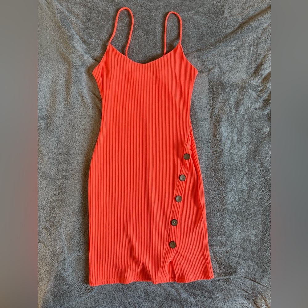 Cute Vacation Orange Ribbed Dress with Button Detail